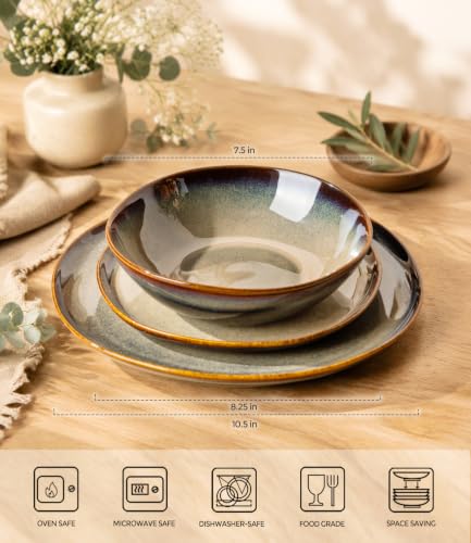 TheTerra Ceramic Dinnerware Set for 4, 12-Piece Plates and Bowls Set - color: Mocha Brown
