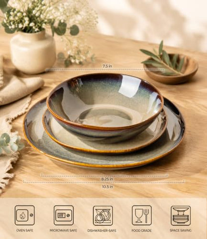 TheTerra Ceramic Dinnerware Set for 4, 12-Piece Plates and Bowls Set - color: Mocha Brown