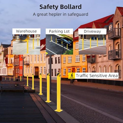 4-Pack Heavy Duty Safety Bollards, 36" Height, 4.5" Diameter Steel Pipe Bollard Post with 16 Anchor Bolts, High-Visibility Yellow Parking Bollard for Traffic Control, Warehouses, & Pedestrian Safety - size: 36 inch
