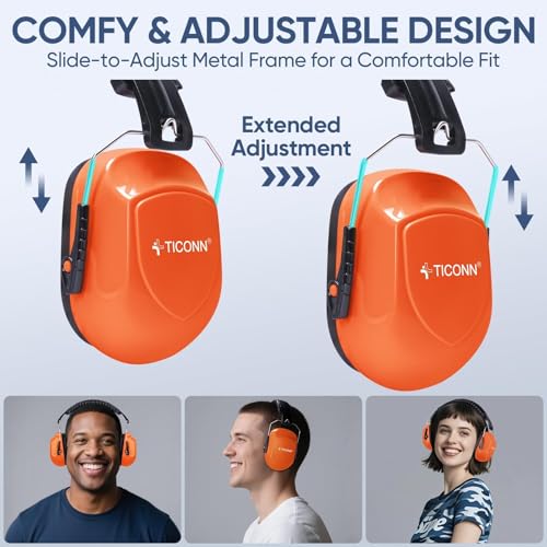 TICONN Noise Cancelling Ear Muffs for Adults, SNR 33dB Hearing Protection, Adjustable Safety Earmuffs for Construction - color: Bright Orange