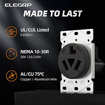 ELEGRP 30 Amps 3 Prong Dryer Outlet, 125/250V Flush Mounting Power Outlet, NEMA 10-30R Receptacle, Straight Blade Dryer Outlet, Non-Grounding, 3 Pole 3 Wire, UL Listed, 1 Pack - style: NEMA 10-30R Outlet