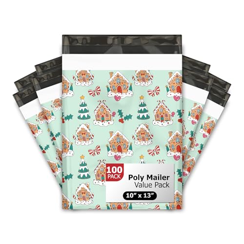 10x13 (100) Gingerbread Houses Christmas Designer Poly Mailers Self Sealing Waterproof Shipping Envelopes Holiday Premium Printed Bags For Small Businesses - color: Gingerbread Houses, size: 10x13