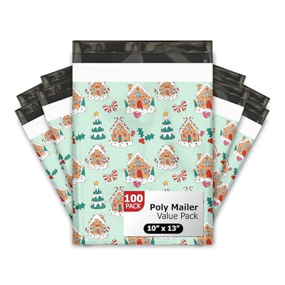 10x13 (100) Gingerbread Houses Christmas Designer Poly Mailers Self Sealing Waterproof Shipping Envelopes Holiday Premium Printed Bags For Small Businesses - color: Gingerbread Houses, size: 10x13