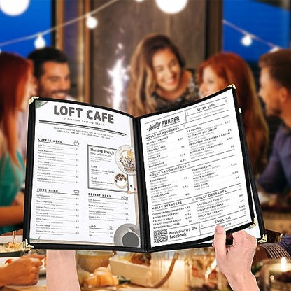 10 Pack Menu Covers 6 Page 12 View, 8.26 x 11.69 Inches Transparent Restaurant Recipe Menu Covers Menu Holder with Leatherette Trim & Metal Corners for Bar Cafe Restaurant