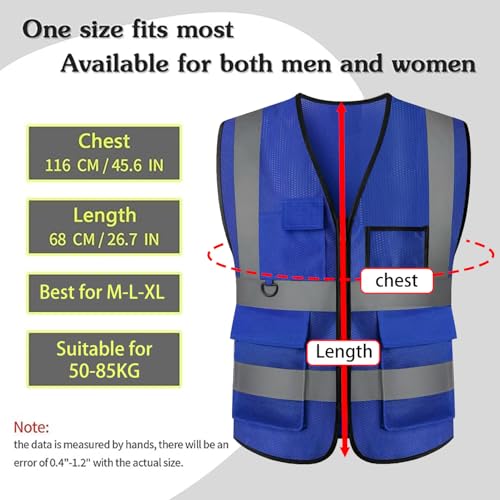 Reflective Mesh Safety Vest, Breathable Hi Vis Vest Construction Work with 5 Pockets and Zipper for Men Women - color: Blue