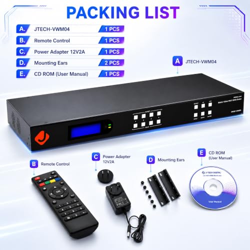 J-Tech Digital 4k 2x2 4K60Hz HDMI Video Wall Controller Multiviewer Seamless Switch Matrix | 4K60Hz Input and 4K30Hz Output, Supports HDMI, HDCP, RS-232, LAN, Downscale & Upscale, Web Control