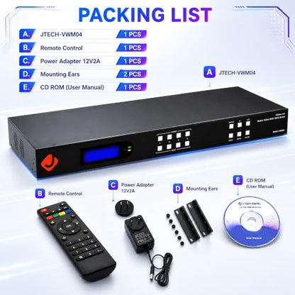 J-Tech Digital 4k 2x2 4K60Hz HDMI Video Wall Controller Multiviewer Seamless Switch Matrix | 4K60Hz Input and 4K30Hz Output, Supports HDMI, HDCP, RS-232, LAN, Downscale & Upscale, Web Control