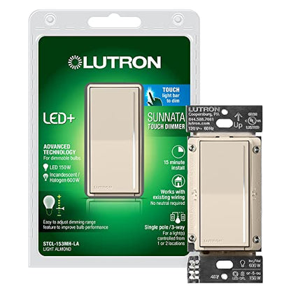 Lutron Sunnata LED+ Dimmer Switch, Touch Dimmer, Single Pole/3-way - color: Light Almond, size: 1 Pack, style: LED+ Dimmer