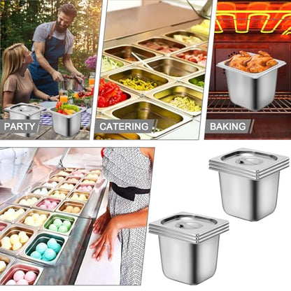 6 Pack 1/6 Size Stainless Steel Hotel Pans With Lids, 6 Inch Deep