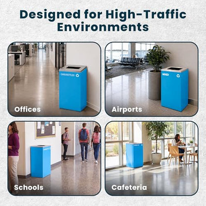 Alpine Commercial Indoor Recycle Bin with Lid - 29 Gallon Blue Recycle Bin Recycle Trash Can Office Recycling Bins, Metal Recycling Container with Stickers & 3 Optional Lids Sold Separately - color: Blue Can