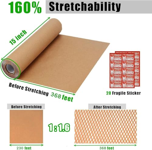 Honeycomb Packing Paper, 15"x230' Eco Friendly Packing Materials for Shipping Breakable Recyclable Moving Supplies Paper Bubble Wrap Sheets Roll with 20 Fragile Sticker Labels - size: 15" x 230'
