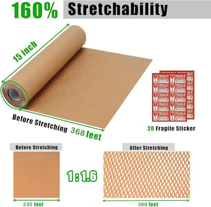 Honeycomb Packing Paper, 15"x230' Eco Friendly Packing Materials for Shipping Breakable Recyclable Moving Supplies Paper Bubble Wrap Sheets Roll with 20 Fragile Sticker Labels - size: 15" x 230'
