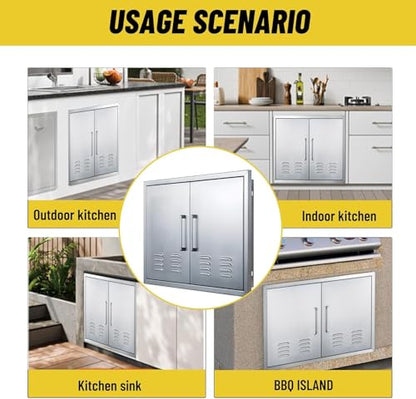 Outdoor Kitchen Doors, 30x21 Inch 304 Stainless Steel BBQ Access Door with Vent, Double Steel Doors for Outdoor Grill Island - size: 30W x 21H