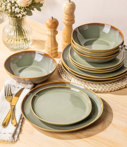TheTerra Ceramic Dinnerware Set for 4, 12-Piece Plates and Bowls Set - color: Sage Umber