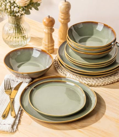 TheTerra Ceramic Dinnerware Set for 4, 12-Piece Plates and Bowls Set - color: Sage Umber