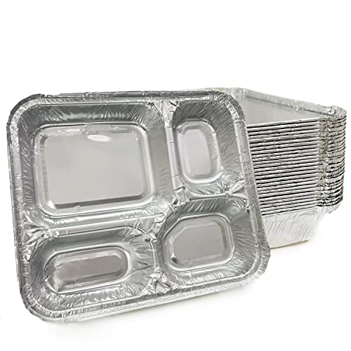 20 Pack 4-Compartment Disposable Aluminum Meal Trays with Lids, 9.6"x8.5" Foil Food Containers for Takeout, Catering & Meal Prep, Divided To-Go Baking Pans, Oven Safe - size: 9.6"x8.5"