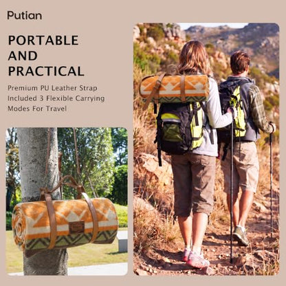 PuTian 100% Wool Blanket - Camping Outdoor Blanket, Geometric Green - color: Geometric Pattern Green, size: 63" × 87"