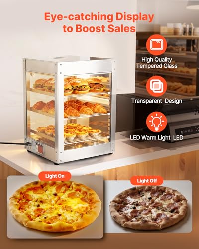 VEVOR 3-Tier Commercial Food Warmer Display, 800W Food Display Warmer with LED Light, Adjustable Shelf and Stainless Steel Frame, 86℉~185℉ Air Heating, 34L for Hamburger, Pizza, Bread, Fried Chicken - size: 3-Tier-36Qt