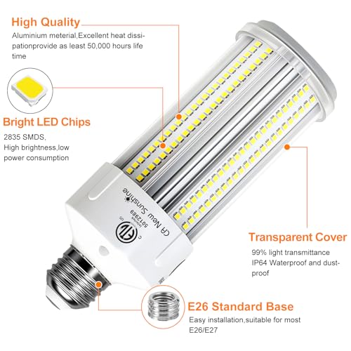 2 Pack 600W Equivalent LED Corn Light Bulb 9000 Lumen 5000K 60W Large Area Daylight White E26/E27 Medium Base for Outdoor Indoor Garage Warehouse Factory Workshop Street Barn Backyard
