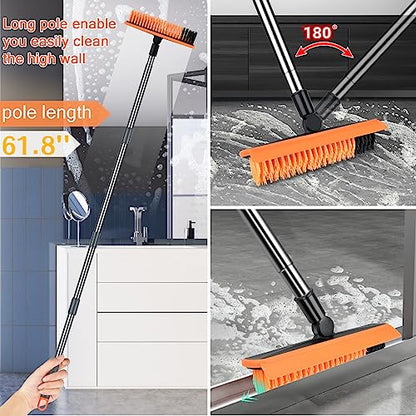 2 in 1 Floor Brush Scrubber with Long Handle Telescopic 3 Poles 61.8'' Grout Brush Scrape Stiff Bristle Cleaning Scrub Brush with Squeegee 180°Rotating Tile Brush for Cleaning Bathroom Glass Patio - color: Dark Orange Extended Pole