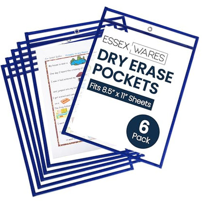 Essex Wares - 6 Pack, Blue Dry Erase Pockets, 10" Wide x 13.5" Tall - color: Blue