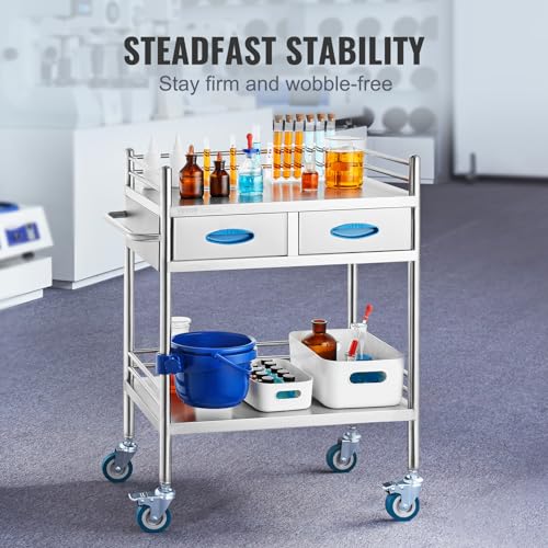 VEVOR Lab Serving Cart Utility Cart Stainless Steel Medical Cart with Two Drawers for lab Equipment Use Grade I Stainless Steel Utility Services (2 Shelves/ 2 Drawer) - style: Utility Cart