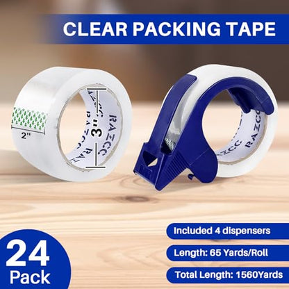 RAZCC Clear Packing Tape, 24 Rolls Heavy Duty Packaging Tape with Dispensers for Packing Shipping Moving and Sealing, Thicker Packing Tape-2" x 65 Yards Per Roll, 1560 Total Yards - size: 2"-24 Rolls