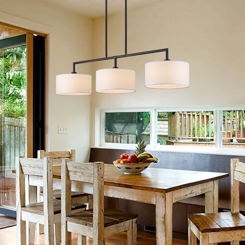47" W Modern Linear Kitchen Island Pendant Light Fixture 3-Light White Linen Drum Shade Chandelier Black Metal Linear Chandeliers for Dining Room Farmhouse Hanging Light for Living Room, Bar, E26 - color: Black and White