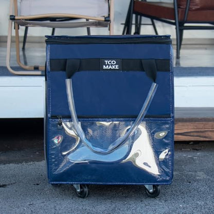 Small DK Blue Reusable Grocery Bag on Wheels, Folding Rolling Tote - color: Dk Blue, size: Small