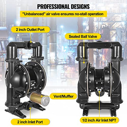 VEVOR Air-Operated Double Diaphragm Pump, 2 inch Inlet & Outlet, Aluminum Alloy Body, 158.4 GPM & Max 120PSI, Nitrile Diaphragm Transfer Pump for Petroleum, Diesel, Oil and Low Viscosity Fluids - size: 75 GPM