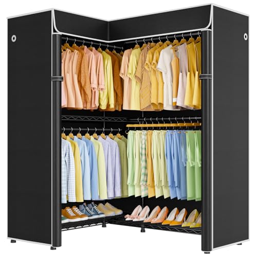ULIFHOME E15C Garment Rack L Shaped Clothes Rack for Corner，Freestanding Clothing Racks for Hanging Clothes，Heavy Duty Closet Organizer 43.4"W x 15.8"D x 78.4"H，Black Rack with Black Dustproof Cover - color: Black Rack with Black Cover, size: E15C