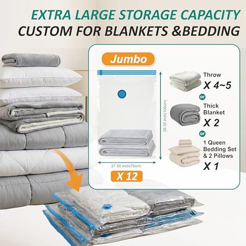 12 Jumbo Vacuum Storage Bags for Blankets & Bedding, Space Saver Bags - size: Jumbo