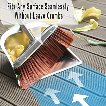 Broom and Dustpan Set for Home, 56" Kitchen Broom with Dustpan Combo Set, Heavy Duty Dustpans with Long Handle, Upright Metal Dust Pan Brooms for Sweeping Indoor Outdoor Home Office Lobby Floor
