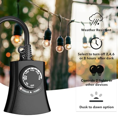 HBN Outdoor Light Timer, Dusk to Dawn Light Sensor Outlet,2 Grounded Outlet - size: 2 Outlets