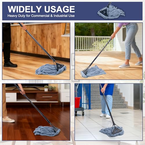 Commercial Industrial Mop for Floor Cleaning,3 Extra Large Replacement Head - size: Black Metal Handle + 3 Blue Heads