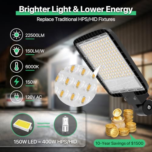 LED Parking Lot Light - 150W 6000K 120V Led Barn Light Outdoor Pole Light with Photocell Sensor - 22500lm Wall Mount Commercial Street Area Lighting for Yard Garage House Porch - size: 6000K