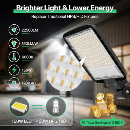 LED Parking Lot Light - 150W 6000K 120V Led Barn Light Outdoor Pole Light with Photocell Sensor - 22500lm Wall Mount Commercial Street Area Lighting for Yard Garage House Porch - size: 6000K