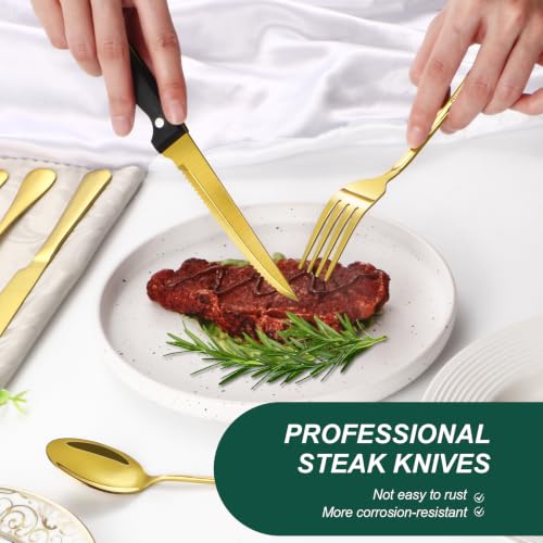 24-Piece Gold Silverware Set with Steak Knives Stainless Steel Flatware Set for 4 Food Grade Tableware Cutlery Set Rust-proof, Mirror Polished, Dishwasher Safe - size: 24Pcs-C