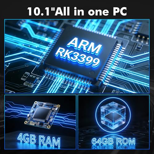10.1" Industrial Touchscreen PC, All-in-One Computer Rockchip RK3399 Hexa-Core, 4GB RAM 64GB eMMC, Gigabit LAN, RS-232, USB 3.0, HDMI 4K, Android 11 for Digital Signage/POS/Factory Control