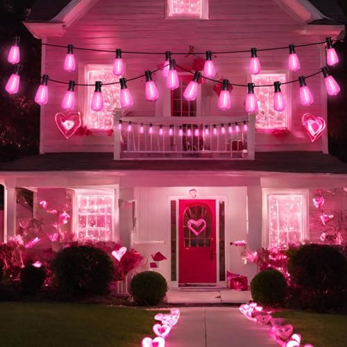 LAMPHOME 26Ft ST38 Outdoor String Lights, Pink Valentine's Day Patio Lights with 12+1 ST38 Edison Bulbs, LED Shatterproof String Lights for Outside Bistro Christmas Wedding Party Decorations - color: Pink, size: 26FT