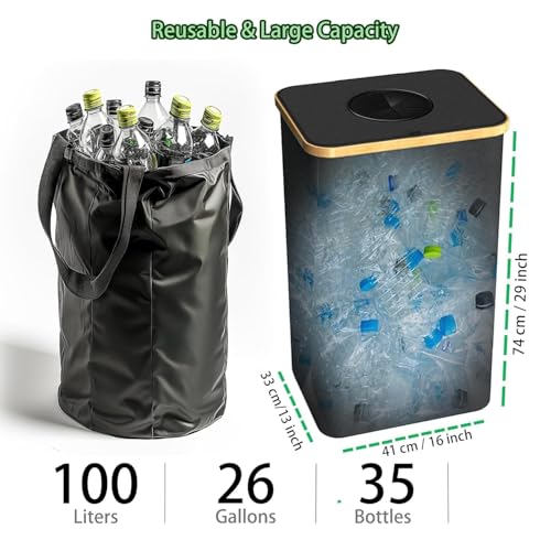 Recycling Bin for Kitchen Indoor Home, Large 100L/ 26 Gallon Recycle Bin with Lid Removeable Reusable Inner Bag Bottle Can Glass Waste Plastice Stickers (Green, 26 Gallon) - size: Green-26Gallon