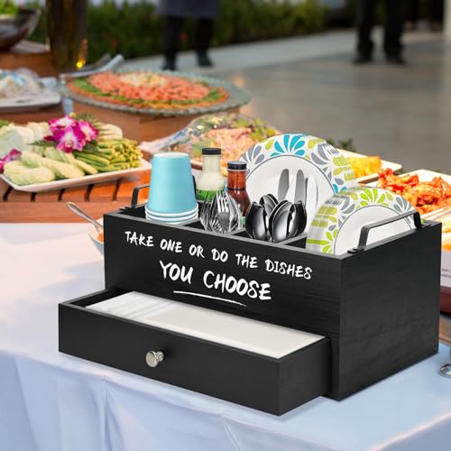 Paper Plate Dispenser with Drawer for Kitchen Countertop, Wooden Paper Plate Holder with Large Cup Holder, Rustic Wood Silverware Caddy Holder, Paper Plate Organizer Kitchen Accessories(Black-Drawer) - color: Black-Drawer