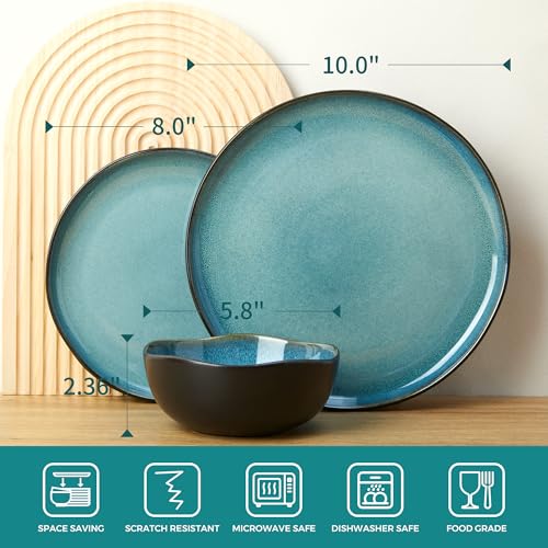 Pokini Stoneware Dinnerware Sets for 6, 18Pcs Ceramic Plates and Bowls Sets - color: Green Black, size: Set (18pcs)