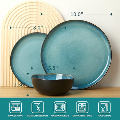 Pokini Stoneware Dinnerware Sets for 6, 18Pcs Ceramic Plates and Bowls Sets - color: Green Black, size: Set (18pcs)