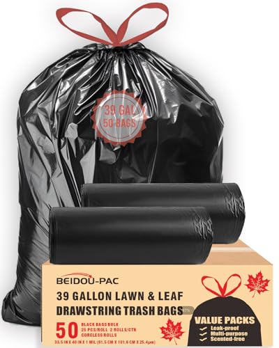 BEIDOU-PAC 39 Gallon Lawn & Leaf Trash Bags Drawstring, 50 Count, Heavy Duty Black & Unscented Plastic Bags, Multi-purpose Garbage Bags for Home Commercial, Outdoor, Construction, Industrial - style: 39 Gallon |50 Count