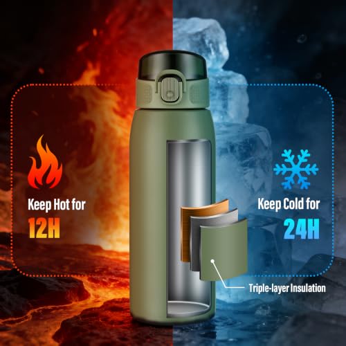 Insulated Water Bottle 18 oz with Dustproof Lid, Carry Handle & Tea Infuser, BPA-Free & Leakproof, Stainless Steel Water Bottles Ideal for Fitness, Hiking, Office & Outdoor Use （Olive Green ） - color: Olive Green, size: 18 Ounces