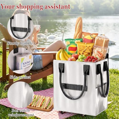 Reusable Grocery Bag on Wheel, Foldable Shopping Cart with Wheels, Can Carry up to 67 Pounds, Suitable for Groceries, Laundry, Camping and Moving. (Silver - Small) - color: Silver - Small