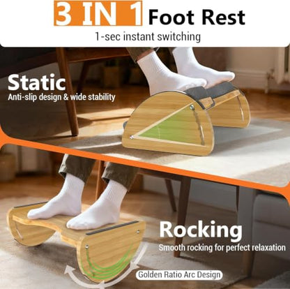 Bamboo Foot Rest for Under Desk at Work 3-in-1 Desk Footrest with Cushion