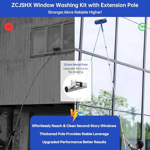Window Squeegee Tool with Extension Pole: 20+ Feet Microfiber Scrubber Window Cleaning Kit for Rv Truck Bus Car Windshield - 3 to 14 Ft Spliceable Extendable Long Duster for High Outside Solar Panel - color: Blue