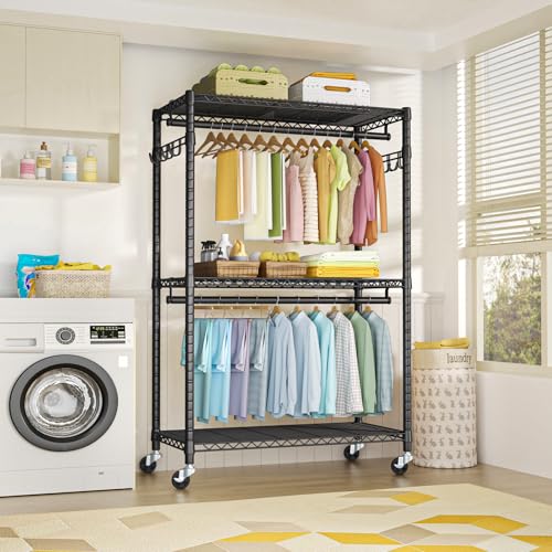 FUTASSI P1 Plus Rolling Clothes Rack, Heavy Duty Portable Closet Wardrobe - color: Black, size: P1 Plus